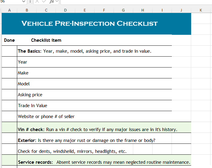 Used Vehicle Checklist- Digital product